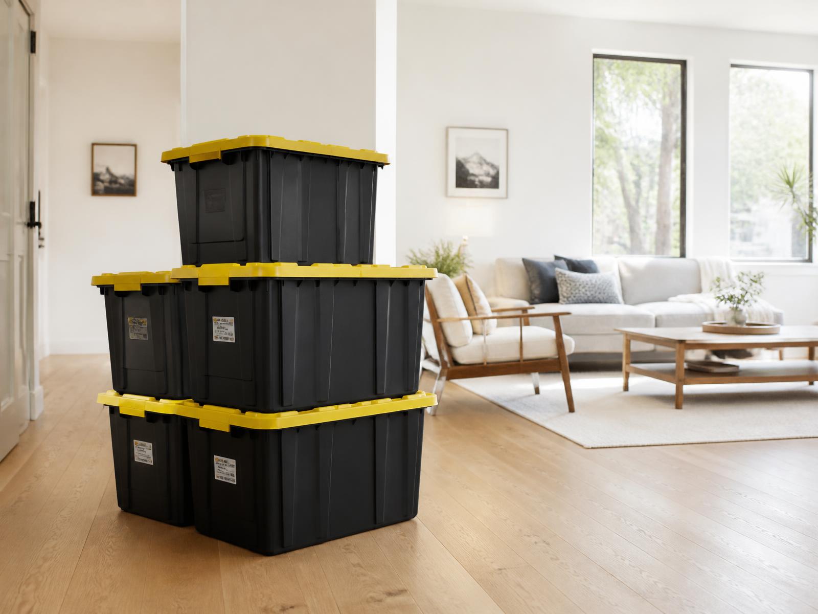 Stacked black heavy-duty moving totes with yellow lids inside a bright modern home
