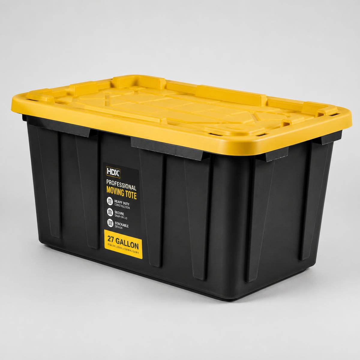 Black heavy-duty 102 litre moving tote with a yellow snap-on lid